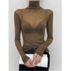 image:imageRoseSeek Womens Sheer Mesh See Through Tops High Mock Neck Turtleneck Long Sleeve T Shirts Going Out Tops UndershirtsKhaki Brown