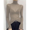image:imageRoseSeek Womens Sheer Mesh See Through Tops High Mock Neck Turtleneck Long Sleeve T Shirts Going Out Tops UndershirtsLight Khaki