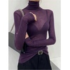 image:imageRoseSeek Womens Sheer Mesh See Through Tops High Mock Neck Turtleneck Long Sleeve T Shirts Going Out Tops UndershirtsLilac Purple