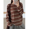 image:imageRoseSeek Womens Trendy Striped Long Sleeve T Shirts Casual Color Block Crew Neck Drop Shoulder Streetwear 2025 Fall TopsBrown