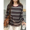 image:imageRoseSeek Womens Trendy Striped Long Sleeve T Shirts Casual Color Block Crew Neck Drop Shoulder Streetwear 2025 Fall TopsBurgundy Striped