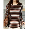 image:imageRoseSeek Womens Trendy Striped Long Sleeve T Shirts Casual Color Block Crew Neck Drop Shoulder Streetwear 2025 Fall TopsRust Brown