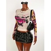 image:imageRoseSeek Womens Y2K Mesh Tops Letter Graphic T Shirt Long Sleeve Crew Neck Tee Party Going Out TopsBeige Pink