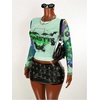 image:imageRoseSeek Womens Y2K Mesh Tops Letter Graphic T Shirt Long Sleeve Crew Neck Tee Party Going Out TopsMulticolor Green