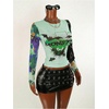 image:imageRoseSeek Womens Y2K Mesh Tops Letter Graphic T Shirt Long Sleeve Crew Neck Tee Party Going Out TopsMulticolor Green