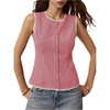 image:imageRoseSeek Womens Gingham Button Down Tank Tops Lace Trim Sleeveless Crew Neck Elegant Vest TopRed and White