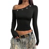 image:imageRoseSeek Womens Grommet Eyelet Off Shoulder Top Slim Fit Crop Tops Y2k Tops Fall OutfitsBlack