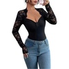 image:imageRoseSeek Womens Lace Patchwork Fitted Tops Sweetheart Neck Long Sleeve T ShirtsBlack