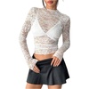 image:imageRoseSeek Womens Lace See Through Blouses Mock Neck Long Sleeve Party Shirts Slim Fit Dressy TopsWhite