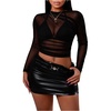 image:imageRoseSeek Womens Long Sleeve Mesh Tops Ruched Crew Neck See Through Tight T ShirtsBlack