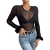image:imageRoseSeek Womens Mesh Fuzzy Long Sleeve T Shirts See Through Sheer Fitted Night Out Party TopBlack