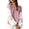 image:imageRoseSeek Womens Oversized Tshirts Lace Patchwork Color Block T Shirt Bishop Sleeve V Neck Tee TopPink Purple