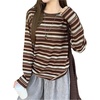 image:imageRoseSeek Womens Trendy Striped Long Sleeve T Shirts Casual Color Block Crew Neck Drop Shoulder Streetwear 2025 Fall TopsBrown