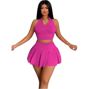 image:imageRoseSeek Womens 2 Piece Tennis Skirt Set Sleeveless Racerback Crop Tank Tops High Waisted Pleated Mini Skirt OutfitsBright Pink