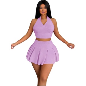 image:imageRoseSeek Womens 2 Piece Tennis Skirt Set Sleeveless Racerback Crop Tank Tops High Waisted Pleated Mini Skirt OutfitsLight Purple