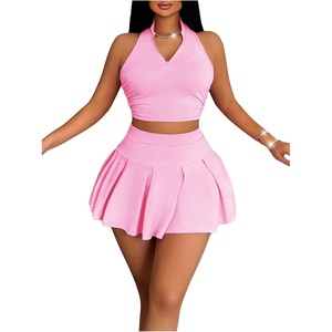 image:imageRoseSeek Womens 2 Piece Tennis Skirt Set Sleeveless Racerback Crop Tank Tops High Waisted Pleated Mini Skirt OutfitsPink