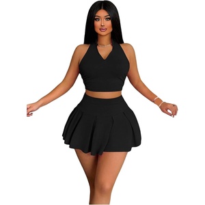 image:imageRoseSeek Womens 2 Piece Tennis Skirt Set Sleeveless Racerback Crop Tank Tops High Waisted Pleated Mini Skirt OutfitsPure Black