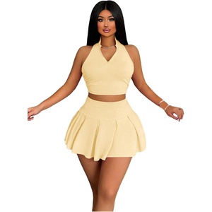 image:imageRoseSeek Womens 2 Piece Tennis Skirt Set Sleeveless Racerback Crop Tank Tops High Waisted Pleated Mini Skirt OutfitsPure Yellow