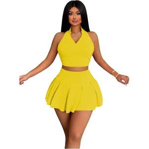 image:imageRoseSeek Womens 2 Piece Tennis Skirt Set Sleeveless Racerback Crop Tank Tops High Waisted Pleated Mini Skirt OutfitsSolid Yellow