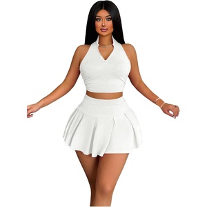 image:imageRoseSeek Womens 2 Piece Tennis Skirt Set Sleeveless Racerback Crop Tank Tops High Waisted Pleated Mini Skirt OutfitsWhite
