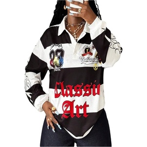 image:imageRoseSeek Womens Color Block Graphic Jersey Shirt Long Sleeve Collared Golf T Shirts Y2K Tops StreetwearBlack and White