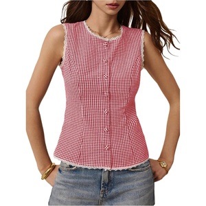 image:imageRoseSeek Womens Gingham Button Down Tank Tops Lace Trim Sleeveless Crew Neck Elegant Vest TopRed and White