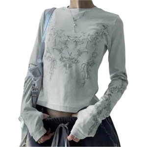image:imageRoseSeek Womens Gothic Grunge Graphic Vintage Tees Long Sleeve Thumb Hole Punk Crop T Shirts Aesthetic ClothesLight Grey