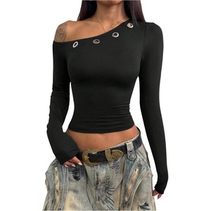 image:imageRoseSeek Womens Grommet Eyelet Off Shoulder Top Slim Fit Crop Tops Y2k Tops Fall OutfitsBlack