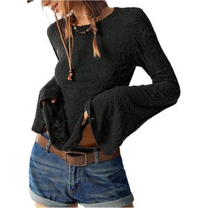 image:imageRoseSeek Womens Knit Lace Bell Sleeve T Shirt Crew Neck Fitted Tee Tops Western Cowgirl OutfitsBlack