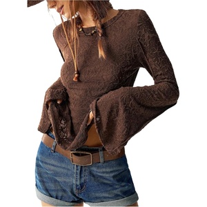 image:imageRoseSeek Womens Knit Lace Bell Sleeve T Shirt Crew Neck Fitted Tee Tops Western Cowgirl OutfitsBrown