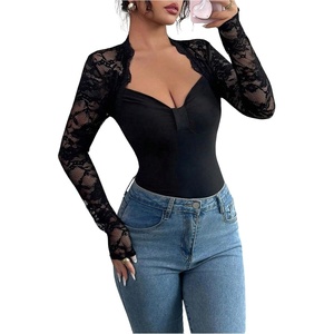 image:imageRoseSeek Womens Lace Patchwork Fitted Tops Sweetheart Neck Long Sleeve T ShirtsBlack