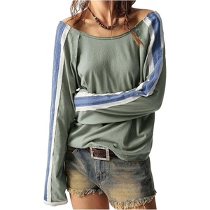image:imageRoseSeek Womens Off The Shoulder Color Block Tee Tops Long Sleeve Loose Casual Fall T ShirtsGreen and Blue