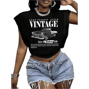 image:imageRoseSeek Womens Plus Size Letter Car Graphic Tees Short Sleeve Crew Neck Crop Tops Summer T ShirtSolid Black