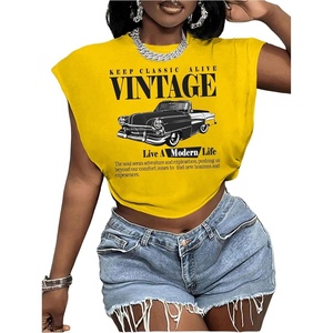 image:imageRoseSeek Womens Plus Size Letter Car Graphic Tees Short Sleeve Crew Neck Crop Tops Summer T ShirtYellow