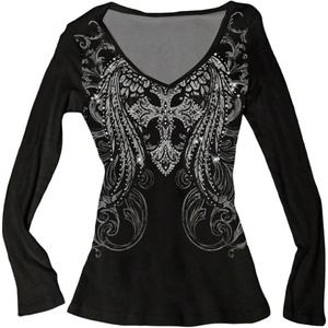 image:imageRoseSeek Womens Rhinestone Graphic Tees Long Sleeve Y2K Gothic T Shirts V Neck 2000s Fall Outfits StreetwearBlack