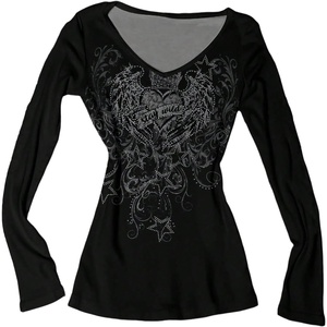 image:imageRoseSeek Womens Rhinestone Graphic Tees Long Sleeve Y2K Gothic T Shirts V Neck 2000s Fall Outfits StreetwearSolid Black