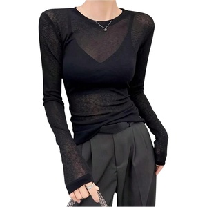 image:imageRoseSeek Womens See Through Long Sleeve Shirts Crew Neck Basic Tight Shirt Going Out TopsBlack