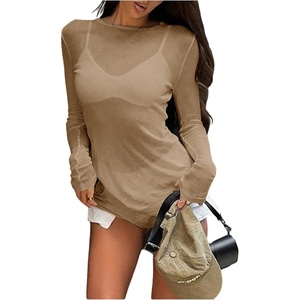 image:imageRoseSeek Womens See Through Long Sleeve Shirts Crew Neck Basic Tight Shirt Going Out TopsKhaki