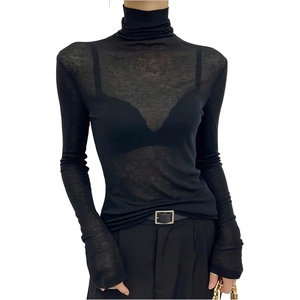 image:imageRoseSeek Womens Sheer Mesh See Through Tops High Mock Neck Turtleneck Long Sleeve T Shirts Going Out Tops UndershirtsBlack