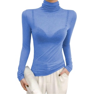 image:imageRoseSeek Womens Sheer Mesh See Through Tops High Mock Neck Turtleneck Long Sleeve T Shirts Going Out Tops UndershirtsBlue