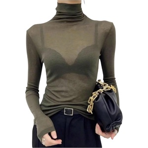 image:imageRoseSeek Womens Sheer Mesh See Through Tops High Mock Neck Turtleneck Long Sleeve T Shirts Going Out Tops UndershirtsDark Green