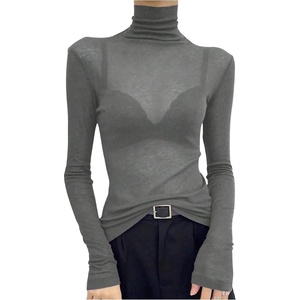 image:imageRoseSeek Womens Sheer Mesh See Through Tops High Mock Neck Turtleneck Long Sleeve T Shirts Going Out Tops UndershirtsGrey