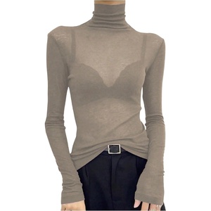 image:imageRoseSeek Womens Sheer Mesh See Through Tops High Mock Neck Turtleneck Long Sleeve T Shirts Going Out Tops UndershirtsLight Khaki
