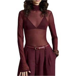 image:imageRoseSeek Womens Sheer Mesh Tops Turtle Neck Long Sleeve T Shirts Slim Fit Tops Fall OutfitsRed Violet