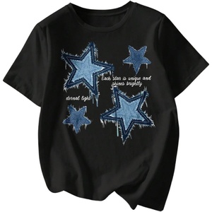 image:imageRoseSeek Womens Star Graphic Letter Print Tee Tops Casual Crewneck Short Sleeve T ShirtBlack and Blue