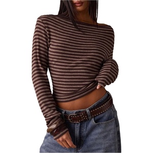 image:imageRoseSeek Womens Striped Off The Shoulder Tops Long Sleeve Fitted Cropped Tshirts Elegant Going Out OutfitsCoffee Brown