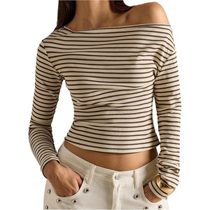 image:imageRoseSeek Womens Striped Off The Shoulder Tops Long Sleeve Fitted Cropped Tshirts Elegant Going Out OutfitsMulticolor