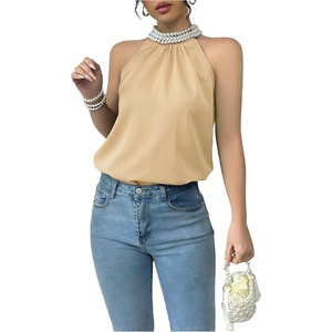 image:imageRoseSeek Womens Summer Halter Tops Beaded Sleeveless Blouses Casual Dressy Elegant Work Blouse ShirtsApricot