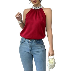 image:imageRoseSeek Womens Summer Halter Tops Beaded Sleeveless Blouses Casual Dressy Elegant Work Blouse ShirtsDark Red