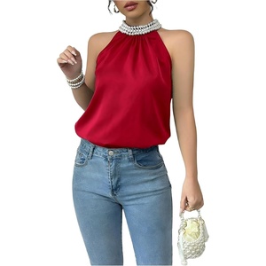 image:imageRoseSeek Womens Summer Halter Tops Beaded Sleeveless Blouses Casual Dressy Elegant Work Blouse ShirtsRed